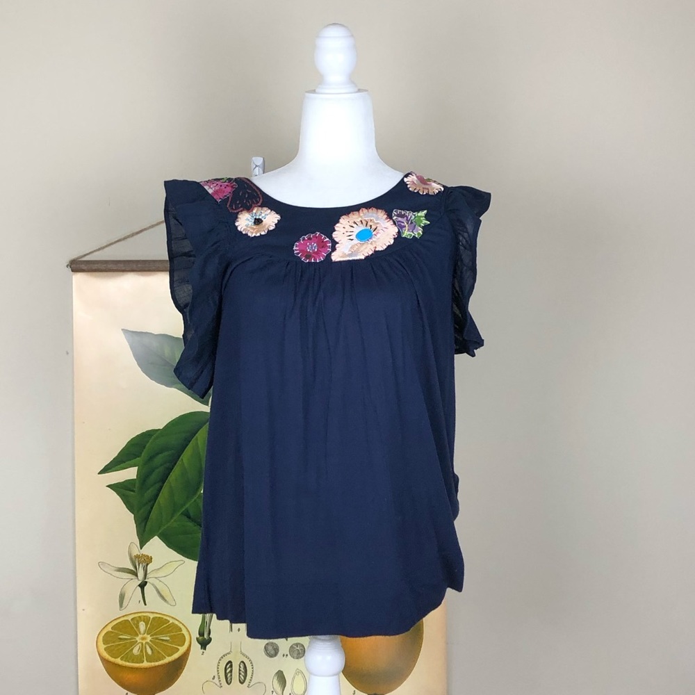 C. KEER | Embelleshed Floral Navy Blue Blouse Top